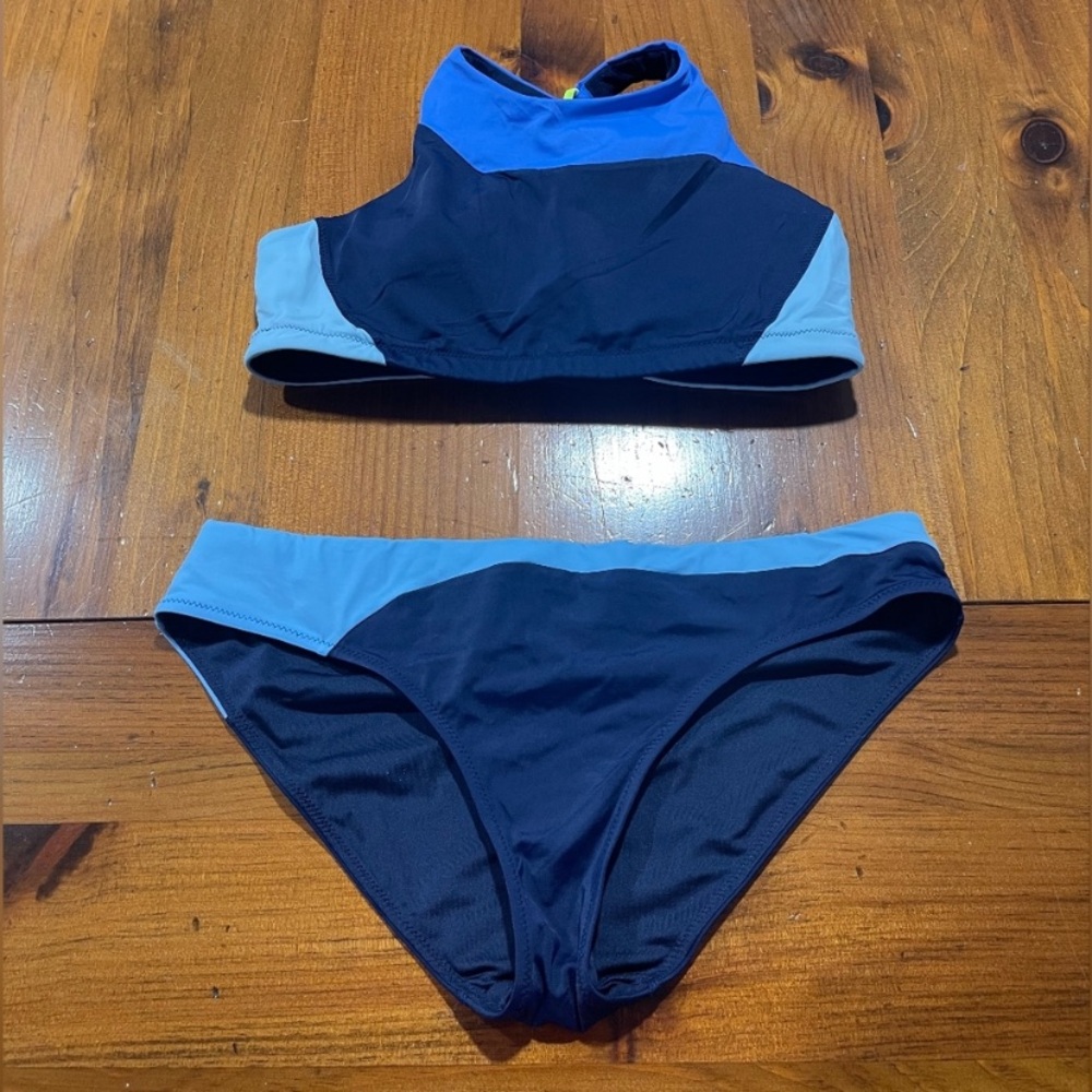 Athleta Womens Blue Color Block Strappy Sports Bra Style 2 Piece Swim Suit SZ M